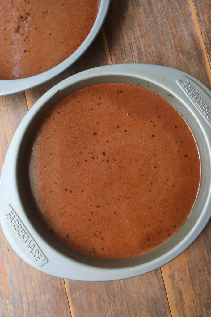 chocolate cake batter in round pans