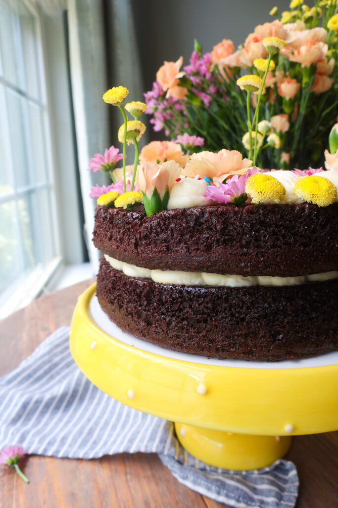 side of two layer chocolate cake