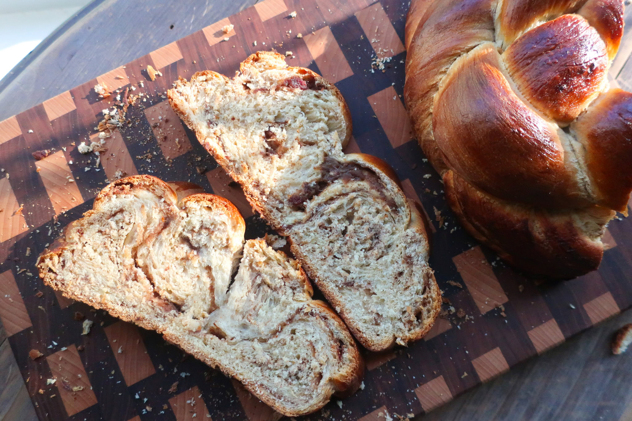 spiced challah bread with swirls of date cinnamon and cardamom filling