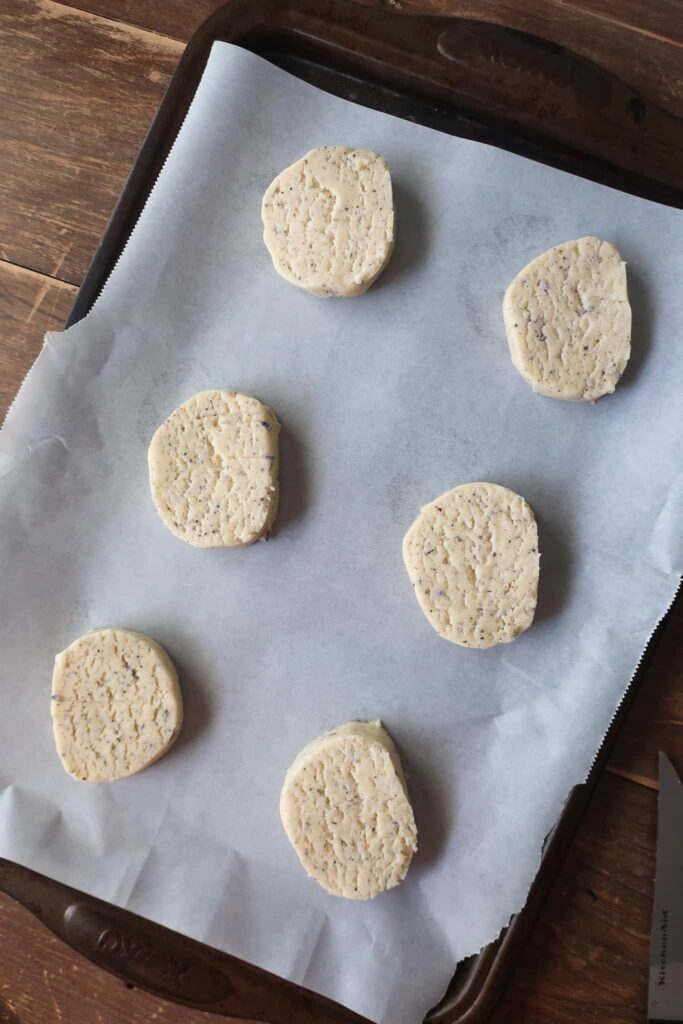 shortbread cookies on baking tray ready to bake