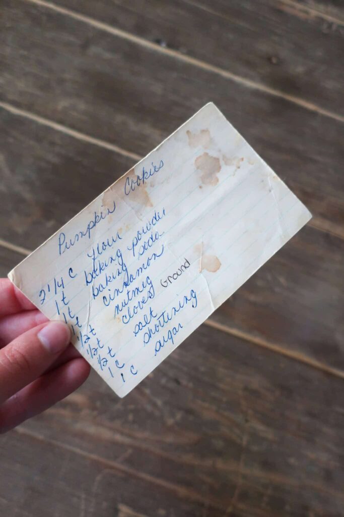 grandma's recipe on index card for pumpkin cookies