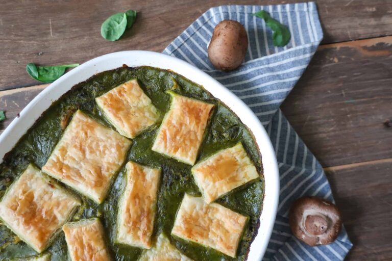 homemade spinach mushroom chicken pot pie with puff pastry