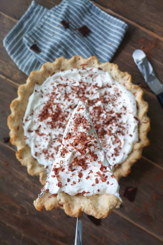 slice of chocolate pie with whipped cream
