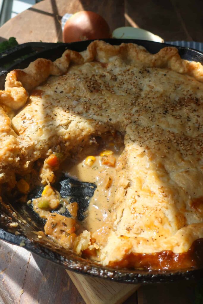 inside cut pot pie with mushroom gravy