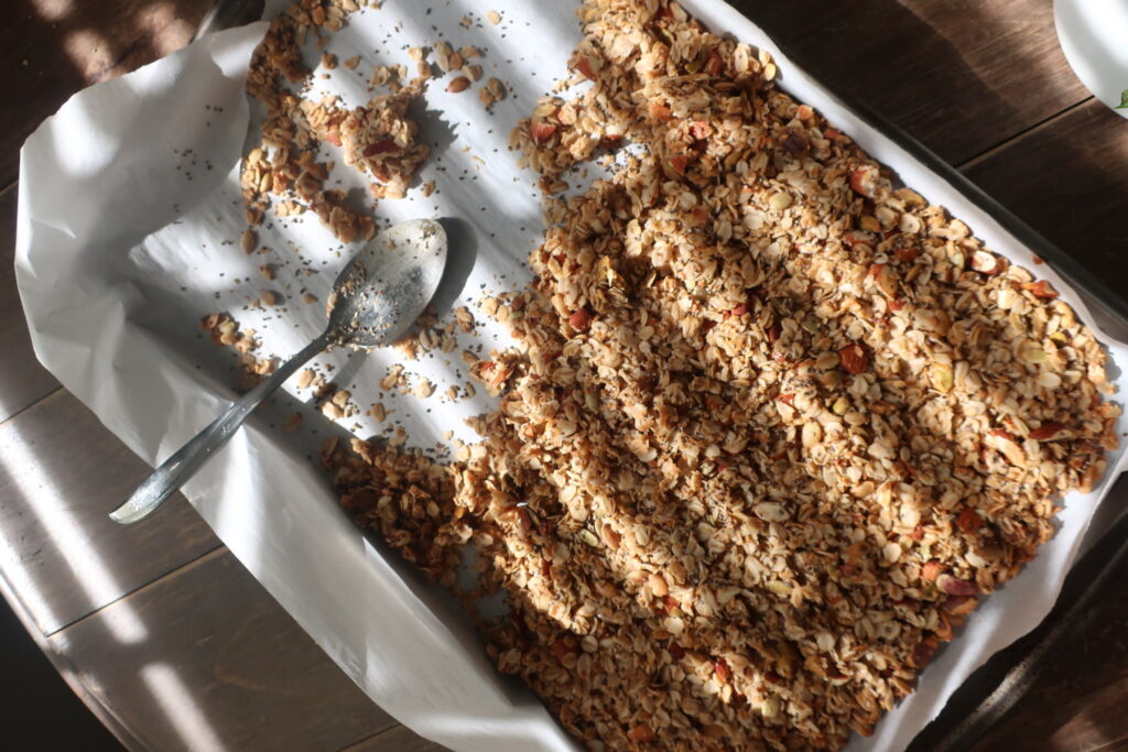 homemade granola; granola with oats, chia seeds, coconut flakes, almonds, pepitas, pistachios