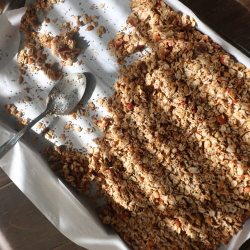 homemade granola; granola with oats, chia seeds, coconut flakes, almonds, pepitas, pistachios