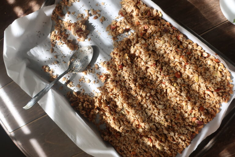 homemade granola; granola with oats, chia seeds, coconut flakes, almonds, pepitas, pistachios