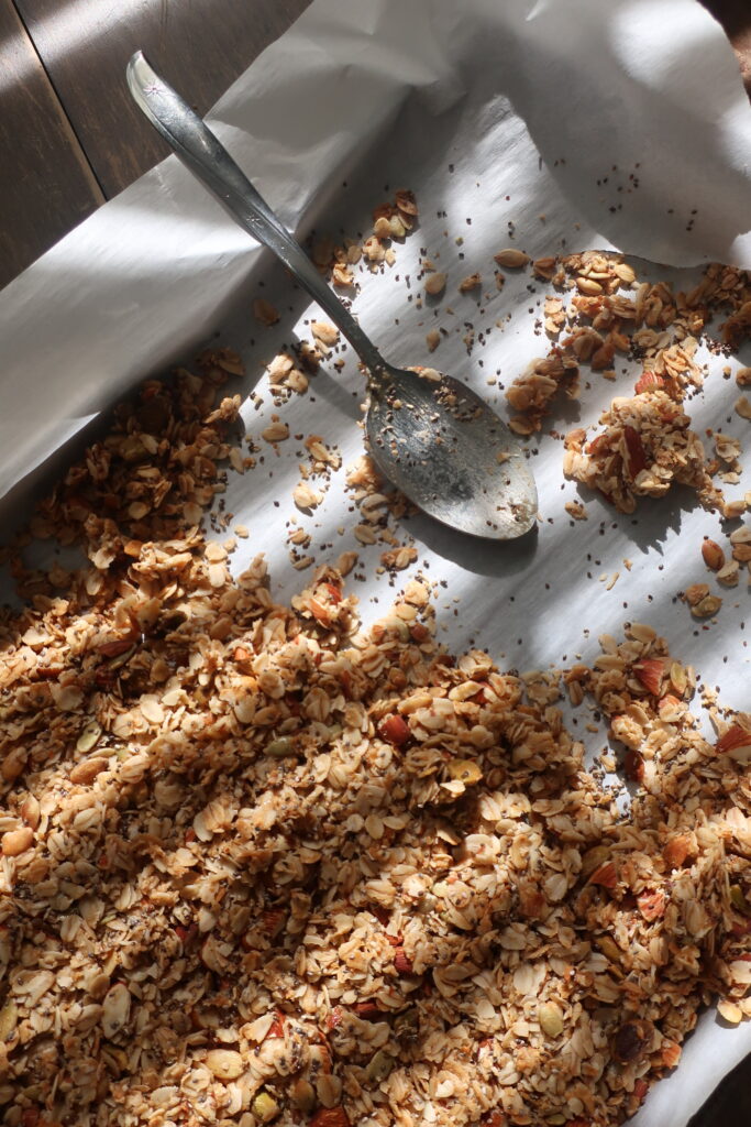 homemade granola; granola with oats, chia seeds, coconut flakes, almonds, pepitas, pistachios