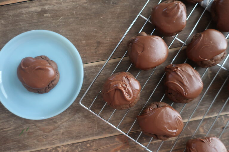 texas sheet cake cookies; fudgy chocolate frosting; chocolate cookies with chocolate frosting; cake-like cookies