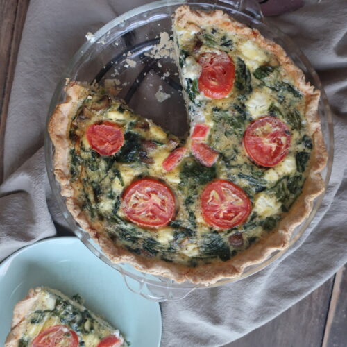 spinach, goat cheese, feta, tomato, spinach quiche in shortcrust pastry