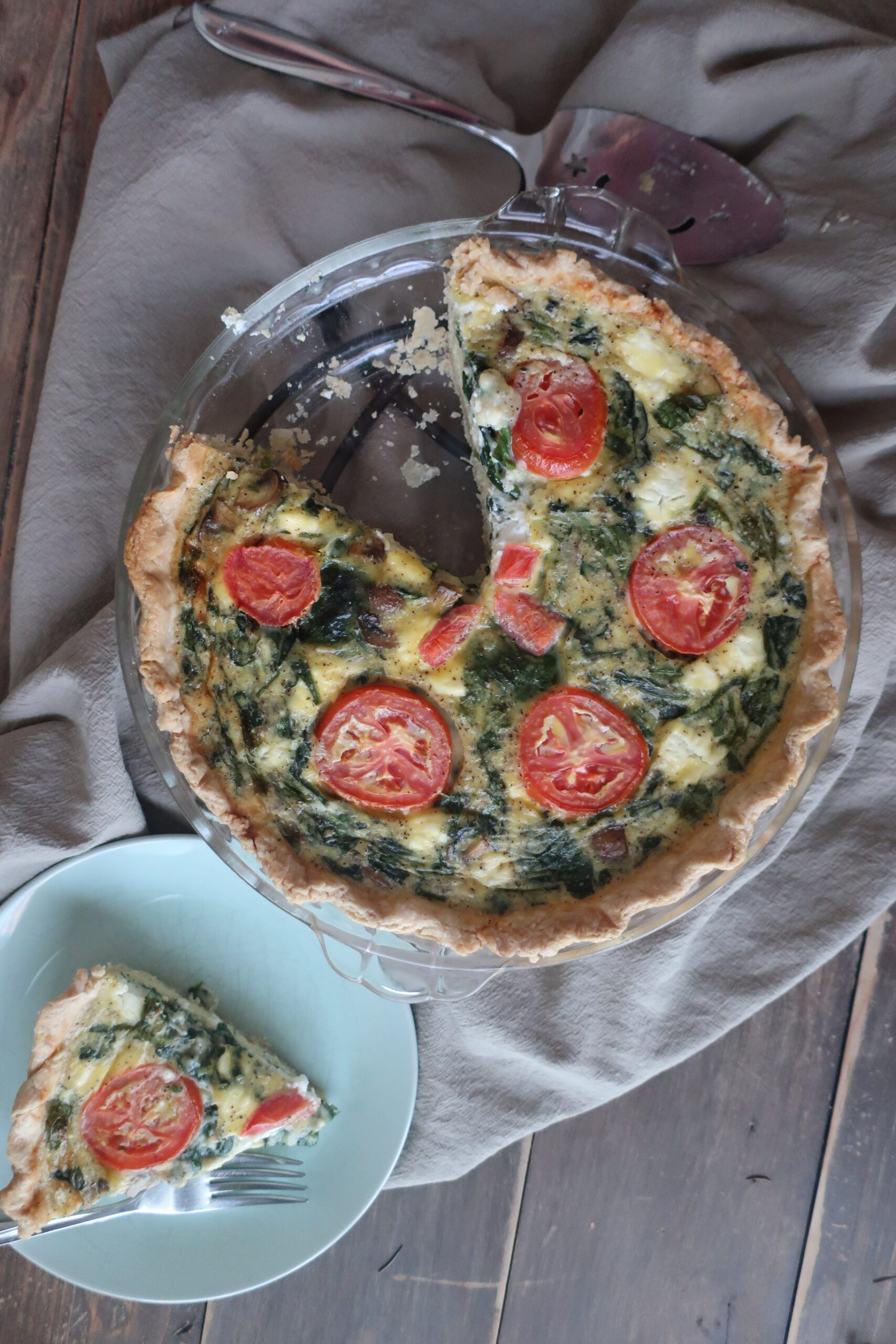 spinach, goat cheese, feta, tomato, spinach quiche in shortcrust pastry