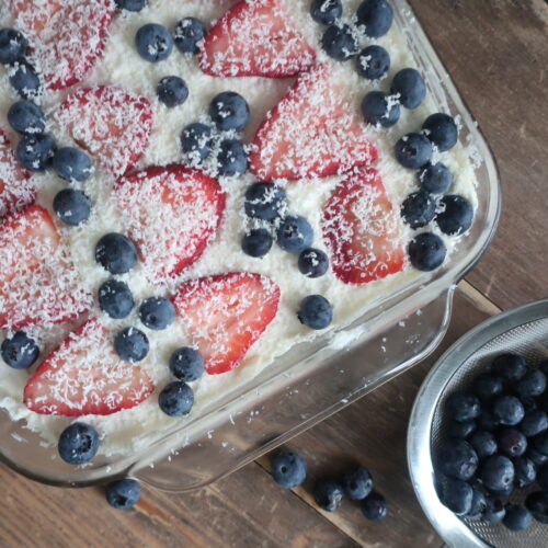 berry tiramisu with blueberries and strawberries, homemade lady fingers dunked in a mixed berry simple syrup, and a whipped marscapone; fourth of july dessert; red, white, and blue dessert; cold dessert