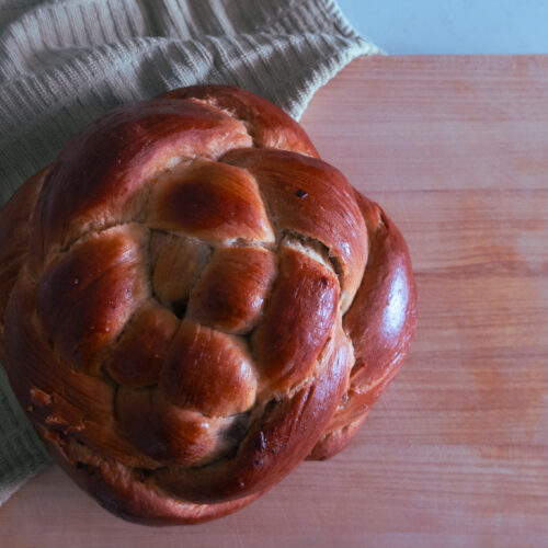 spiced challah bread knot; cardamom, cinnamon, date spiced enriched dough