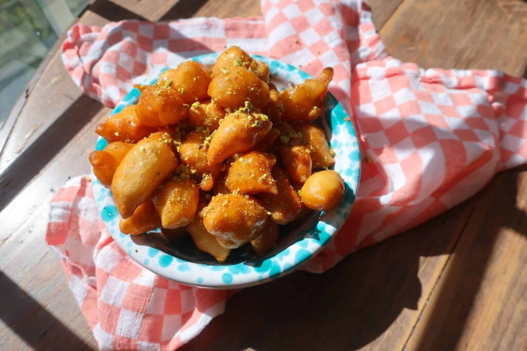 Middle eastern zalabia in blue bowl