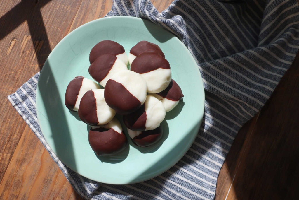 homemade peppermint creams on blue plate