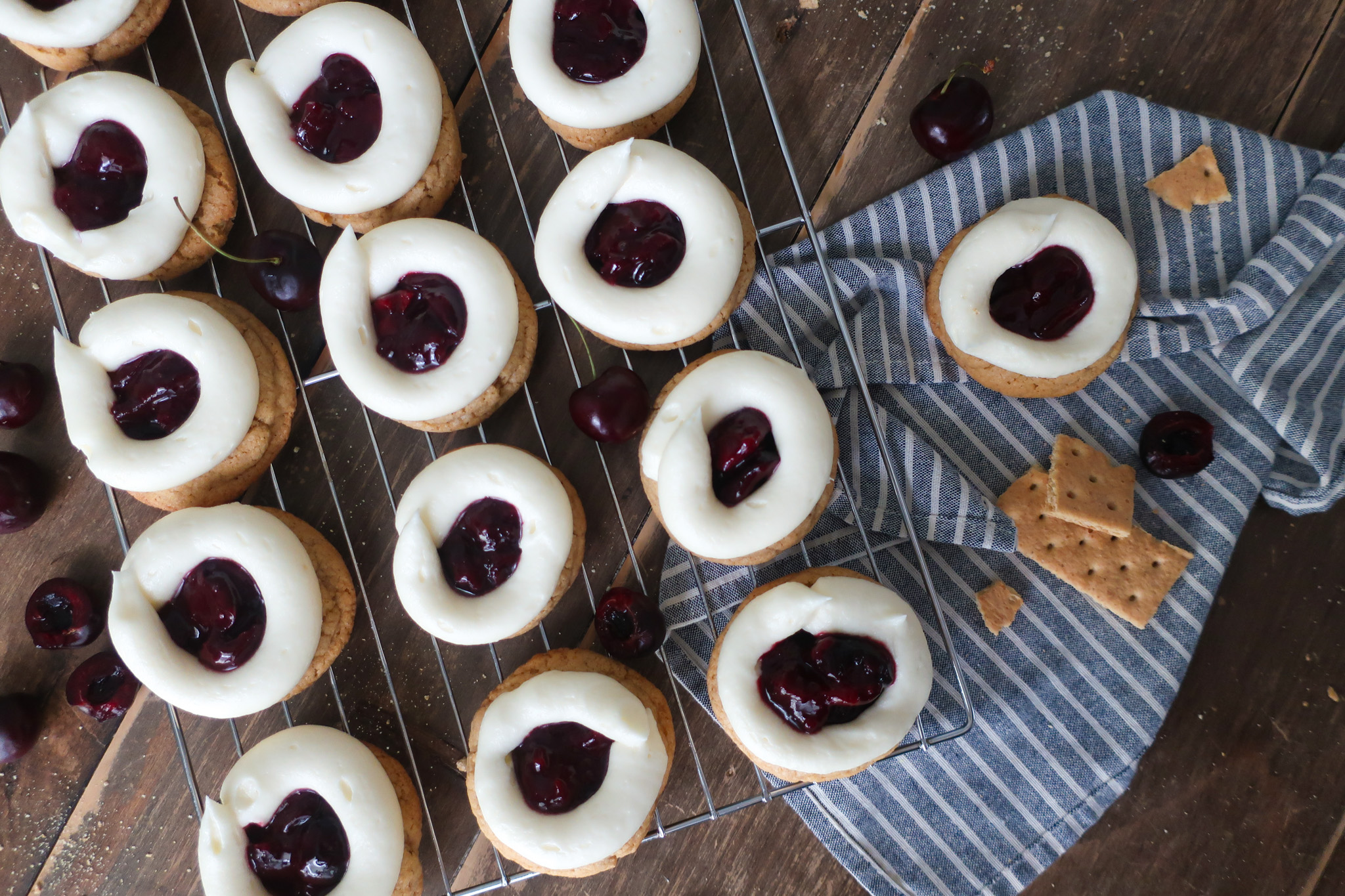 cherry cheesecake cookies; cream cheese frosting; cherry pie filling; graham cracker cookies