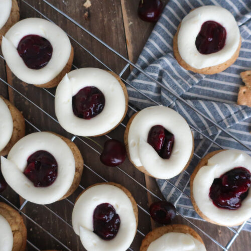 cherry cheesecake cookies; cream cheese frosting; cherry pie filling; graham cracker cookies