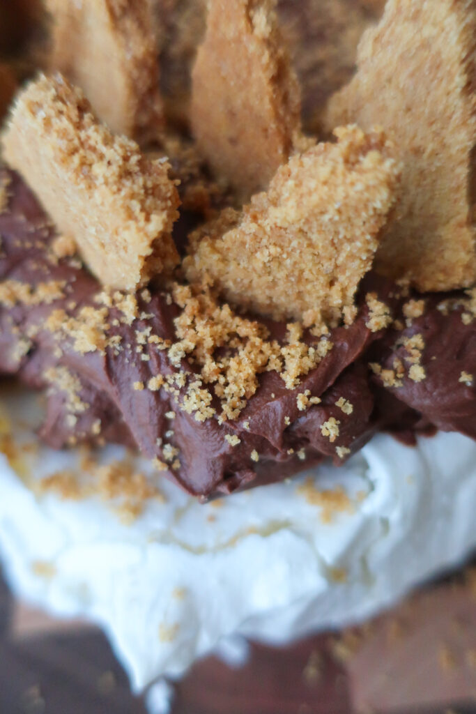 s'mores pavlova with french meringue, dark chocolate ganache, and graham cracker crust topping