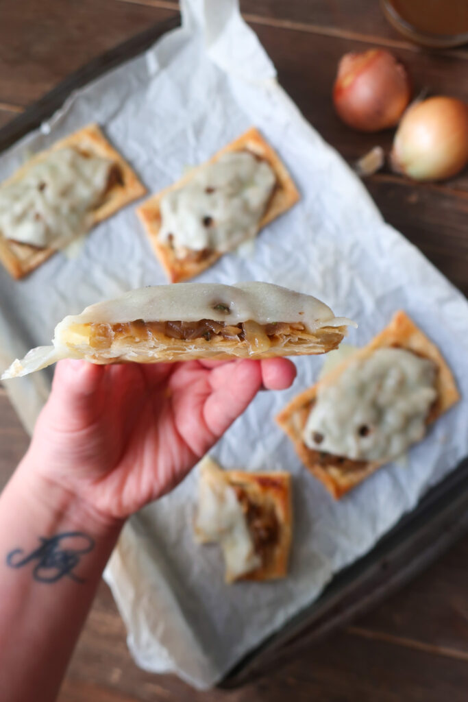 inside look at French Onion Puff Pastry with Gravy