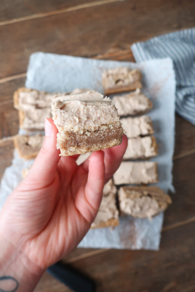 inside look at snickerdoodle bars with brown butter cinnamon frosting