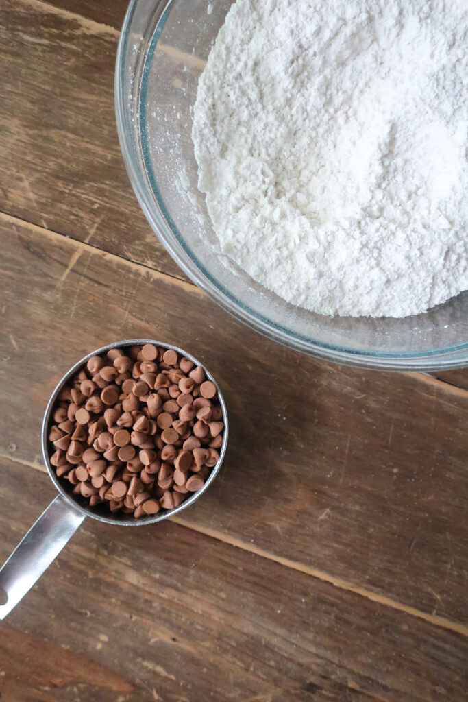 cinnamon chips measured next to dry ingredients for cinnamon chip scones