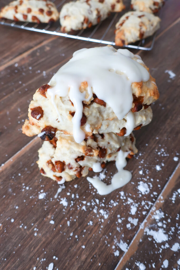 cinnamon chip scones stacked and glazed