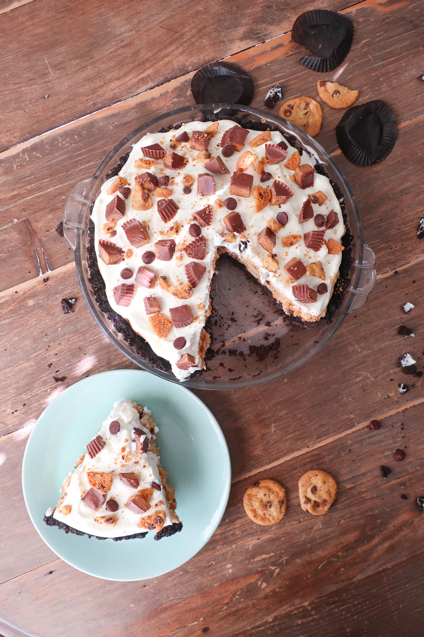 sliced no bake chocolate chip cookie peanut butter pie