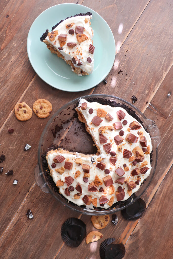 sliced no bake chocolate chip cookie peanut butter pie