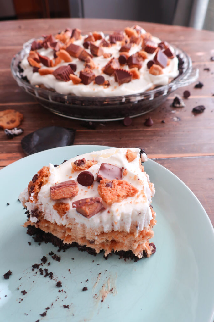 eaten slice of no bake chocolate chip cookie peanut butter pie