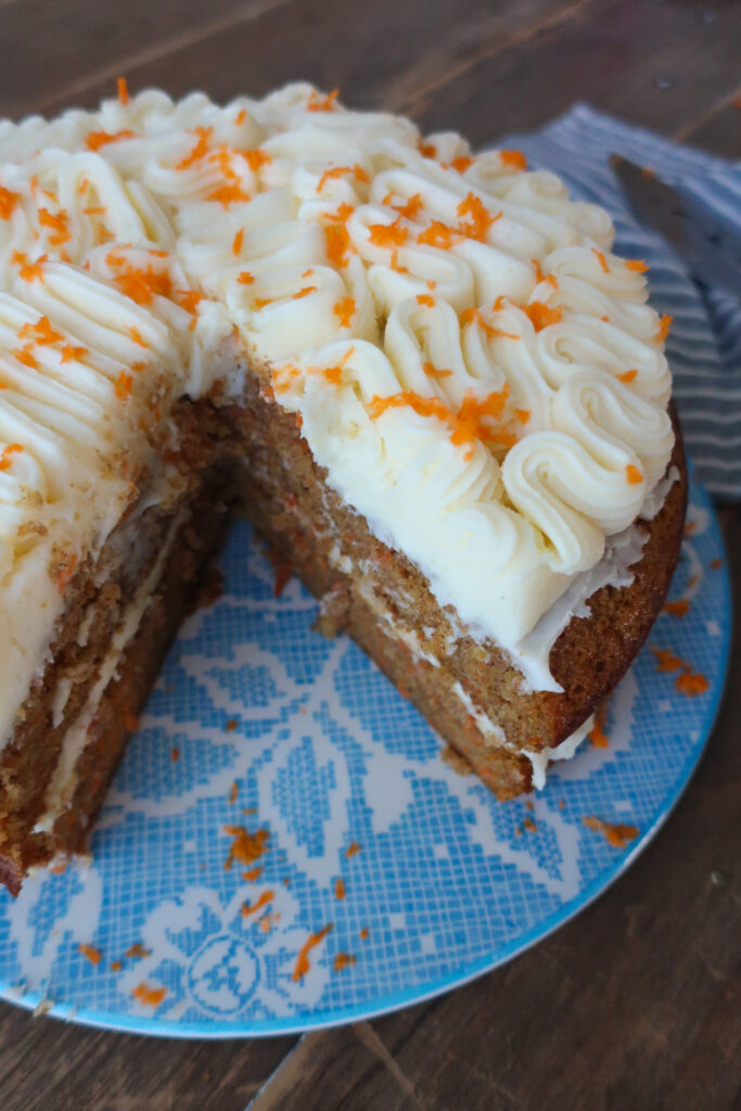 inside look at nut and fruit free carrot cake with brown butter cream cheese frosting