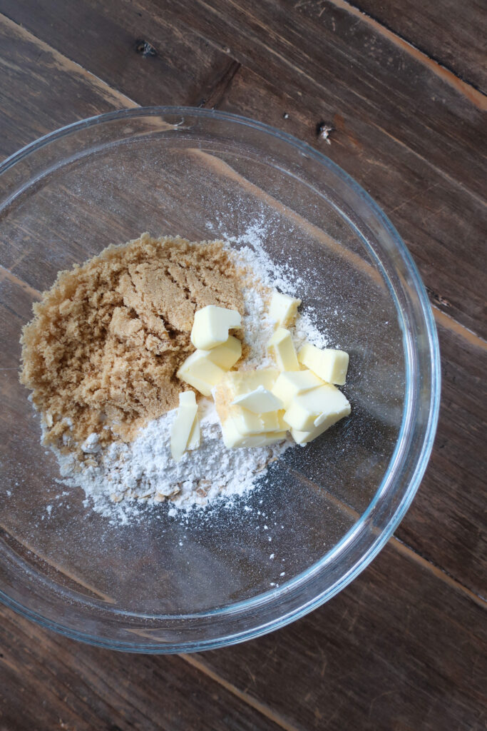 unmixed streusel ingredients for apple streusel pie