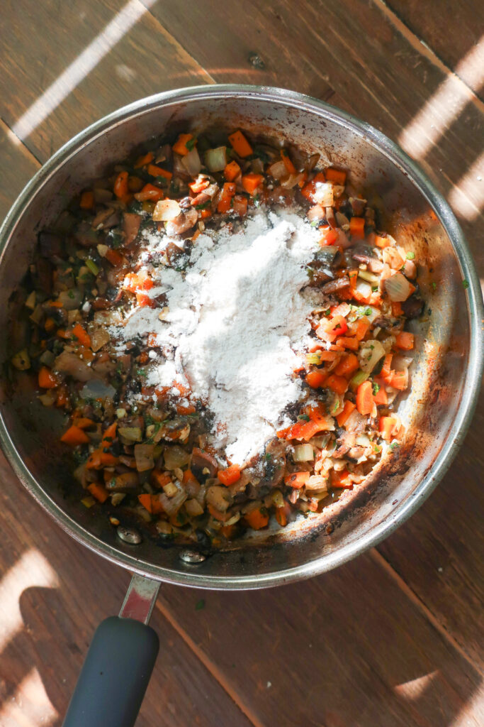 filling in skillet for vegetable pot pie