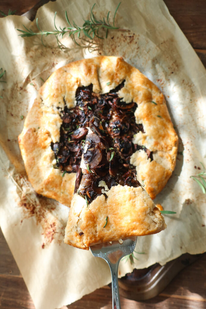 slice of mushroom and rosemary galette