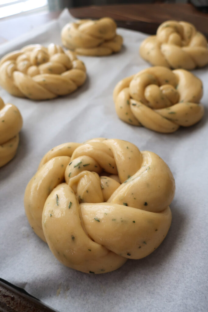 dough of rosemary challah rolls shaped and formed into braided knot style rolls