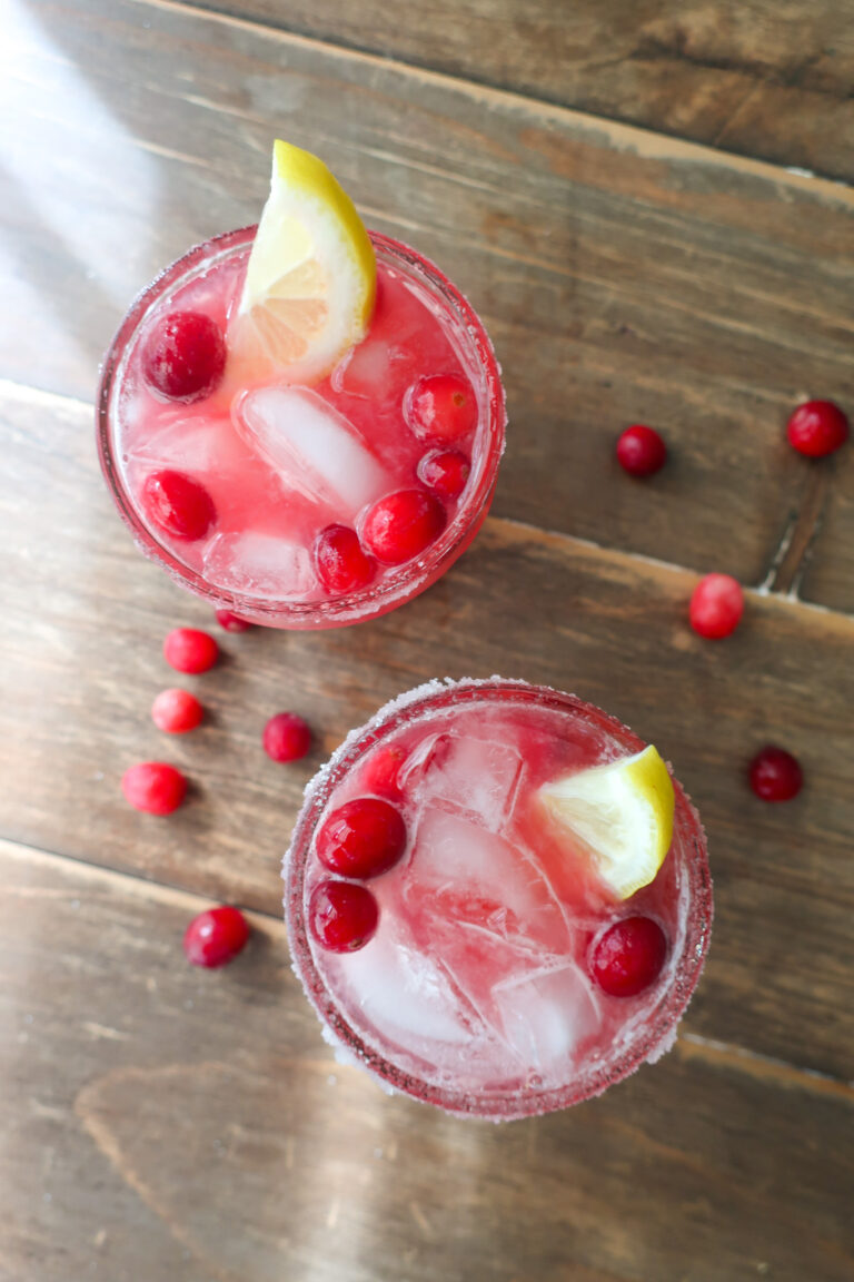 cranberry ginger mocktail topped with lemon slices and cranberries