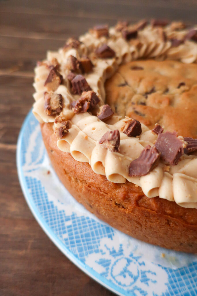 peanut butter and chocolate chip cookie cake with peanut butter buttercream frosting