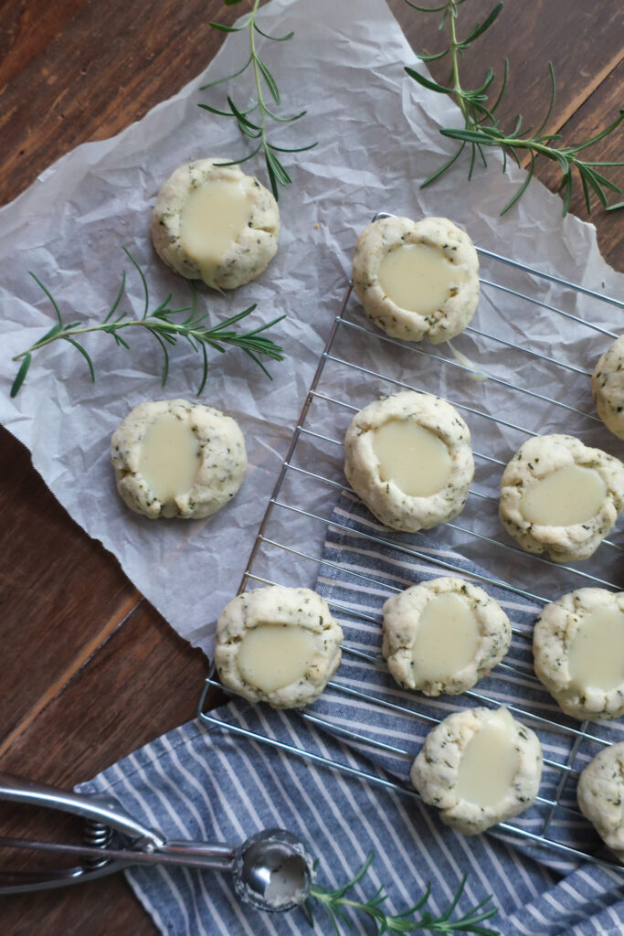 rosemary thumbprint cookies filled with white chocolate ganache