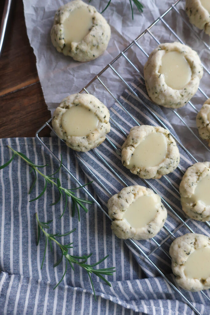 rosemary thumbprint cookies filled with white chocolate ganache