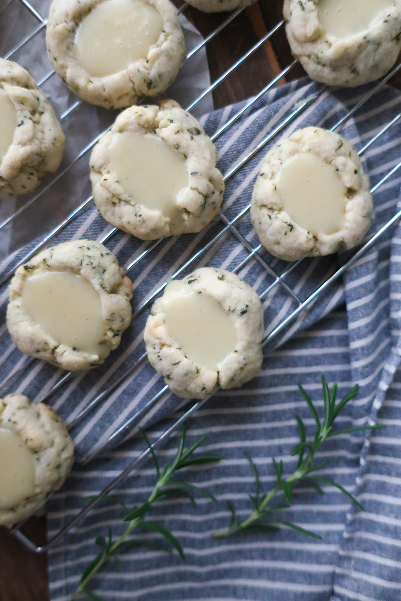 rosemary thumbprint cookies filled with white chocolate ganache