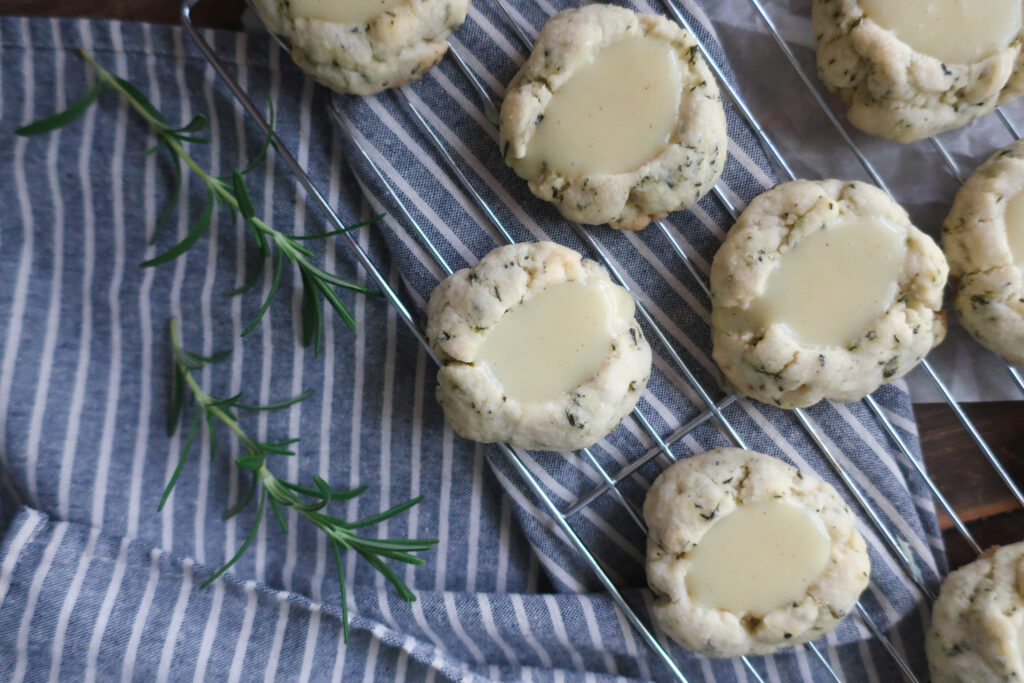 rosemary thumbprint cookies filled with white chocolate ganache