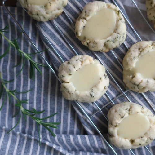 rosemary thumbprint cookies filled with white chocolate ganache