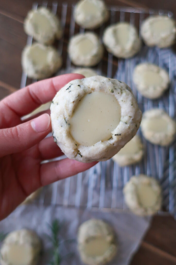 rosemary thumbprint cookies filled with white chocolate ganache