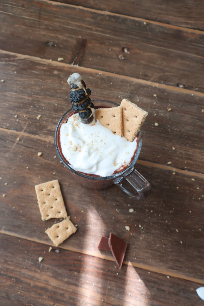 s'mores hot chocolate with fresh whipped cream and roasted marshmallows surrounded by crumbles of graham crackers