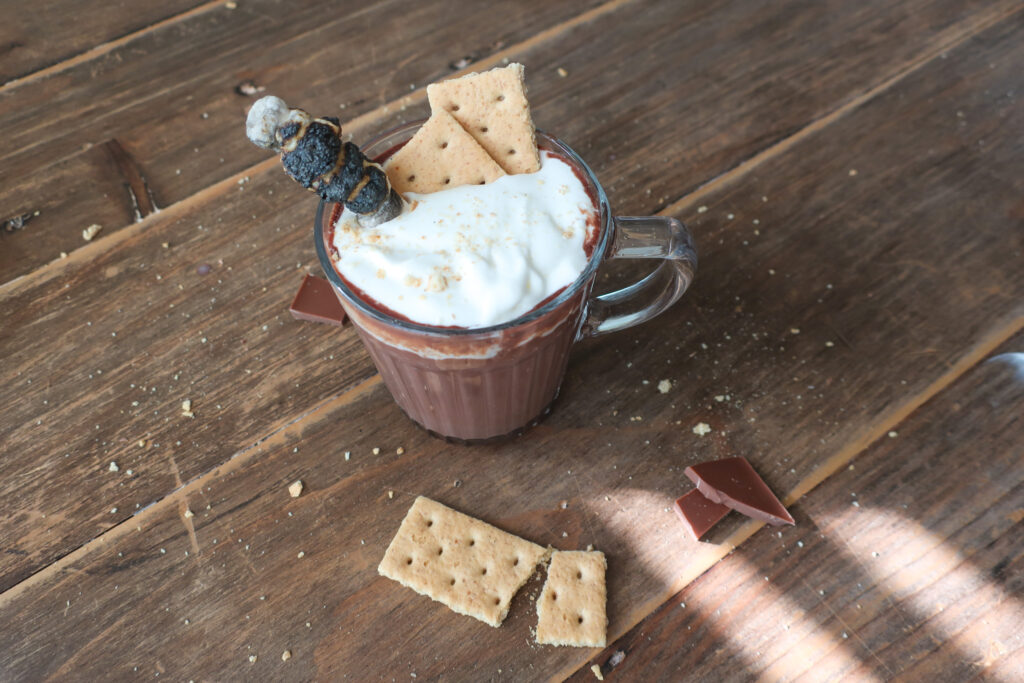 s'mores hot chocolate with fresh whipped cream and roasted marshmallows surrounded by crumbles of graham crackers