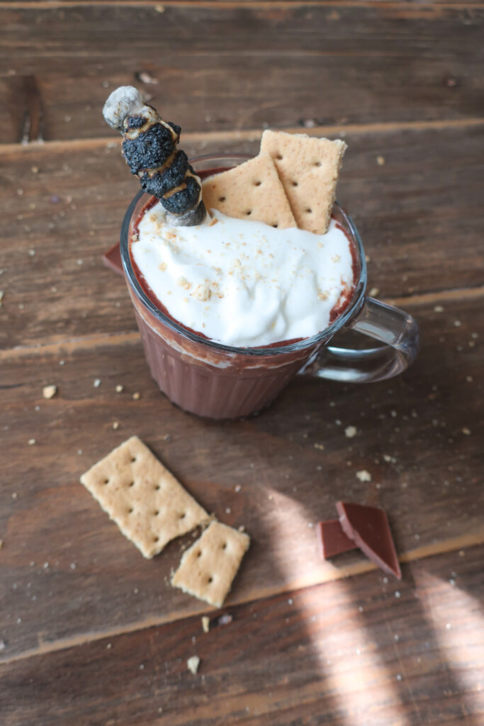 s'mores hot chocolate with fresh whipped cream and roasted marshmallows surrounded by crumbles of graham crackers