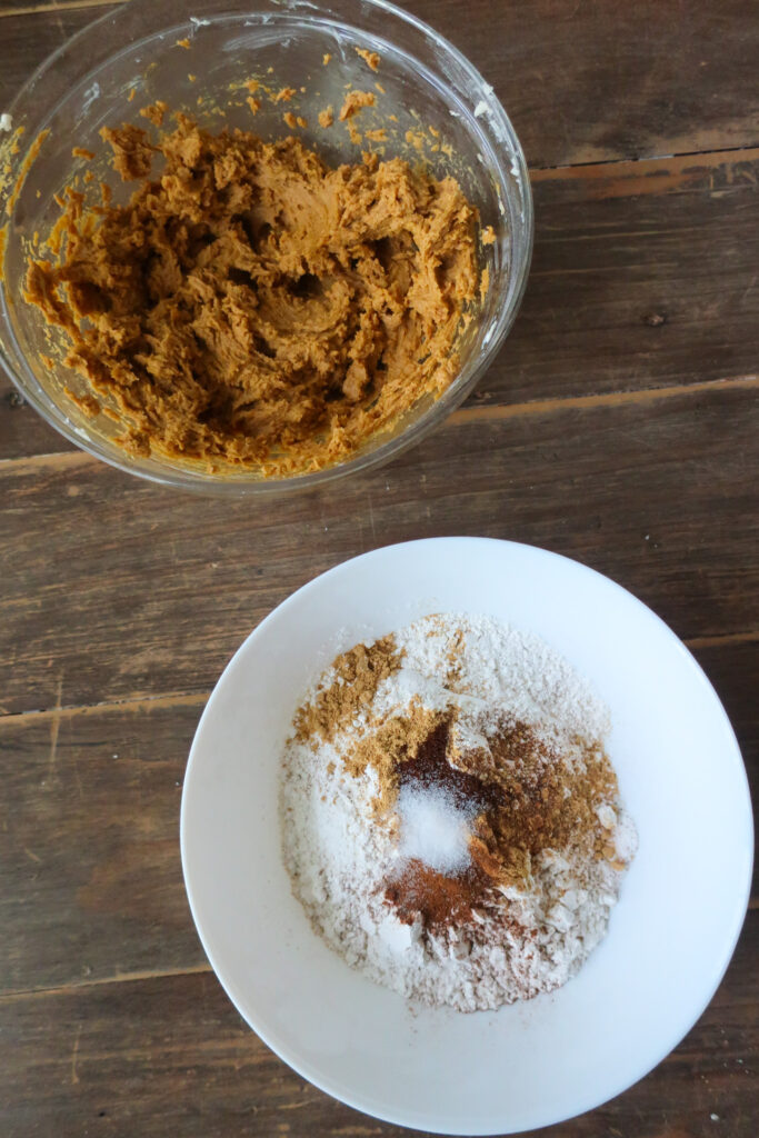 wet and dry ingredients for dough for big, soft ginger cookies with crinkle tops; perfect holiday cookies; spiced holiday cookies