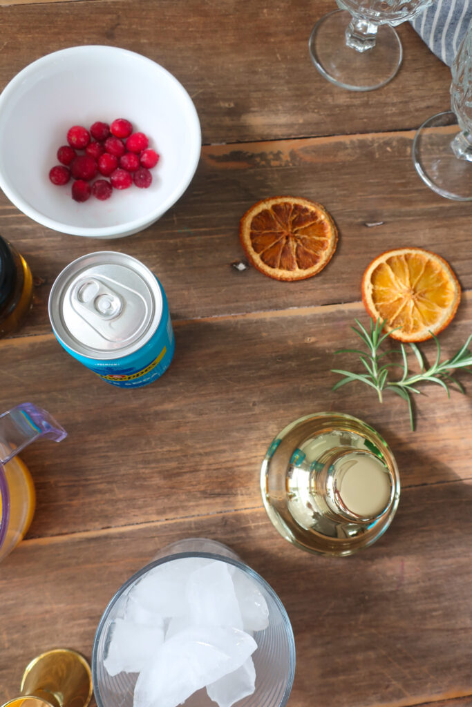 ingredients to make an easy rosemary-cranberry mocktail at home