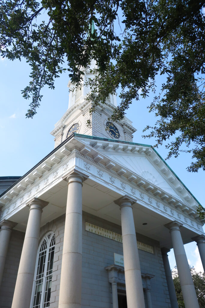 southern church with steeple in savannah, georgia; female travel; women who travel; travel tips; roadtrip usa