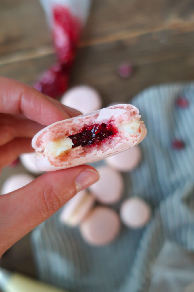 raspberry macarons filled with homemade raspberry jam and vanilla buttercream