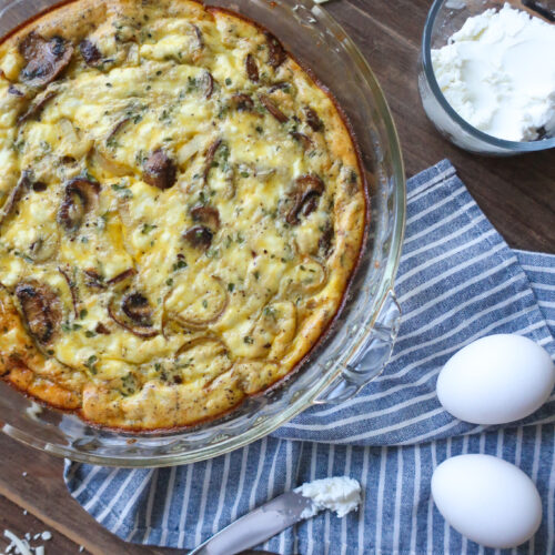 mushroom and goat cheese quiche; crustless quiche; easy quiche recipe; vegetarian quiche; mushroom quiche; ingredients for quiche